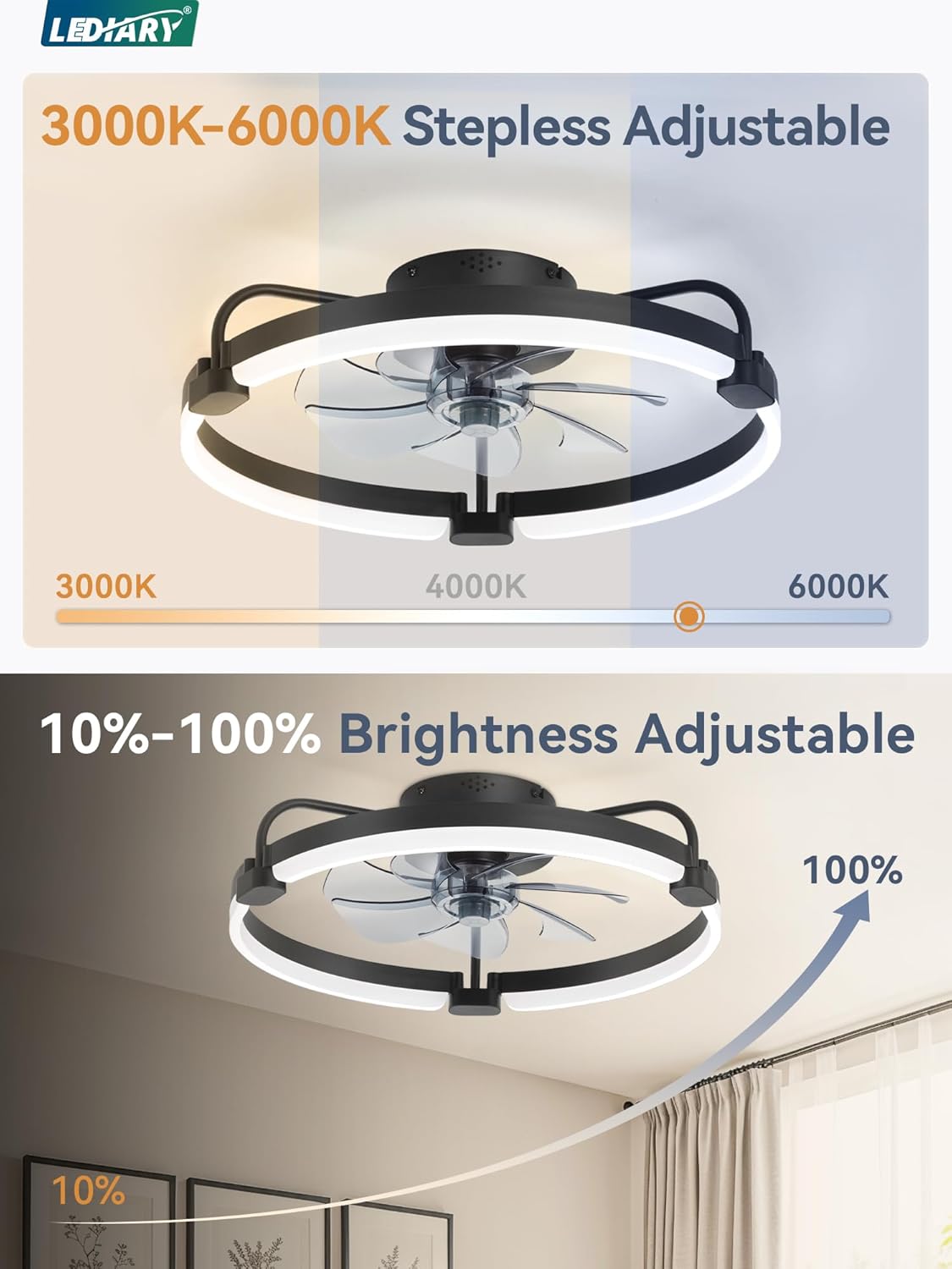 LEDIARY 20" Ceiling Fans with Lights and Remote, Low Profile Led Fan Light | Flush Mount, Stepless Dimmable Fandelier, 6 Speeds, 3 CCT, Quiet Reversible DC Motor, 2H Timer, Bedroom, Living Room, Black