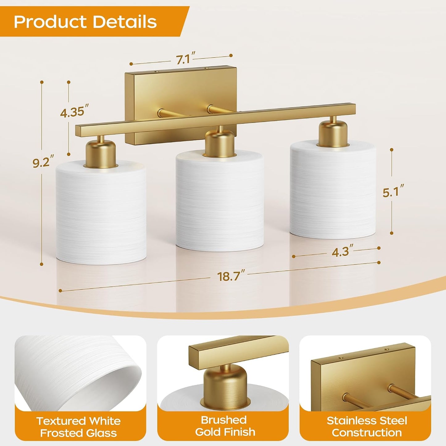 Bathroom Light Fixtures, Bathroom Lighting Fixtures Over Mirror, Interior Classic Vanity Lights, Modern Vanity Light with Textured White Glass Shade, Brushed Gold, 3-Light