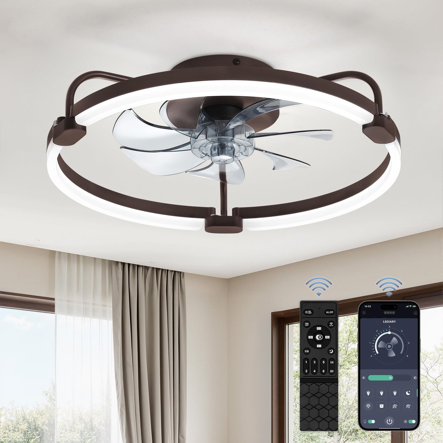 LEDIARY 20" Ceiling Fans with Lights and Remote, Low Profile Led Fan Light | Flush Mount, Stepless Dimmable Fandelier, 6 Speeds, 3 CCT, Quiet Reversible DC Motor, 2H Timer, Bedroom, Living Room, Black