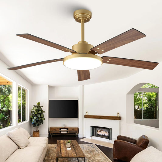 52 Inch Gold Ceiling Fans with Lights and Remote/APP, Modern Sleek | 12.2'' Large 3CCT LED Light Panel, ETL Listed, 6-Speeds, Smart Black and Gold Fan for Indoor Home Décor Bedroom Living Room