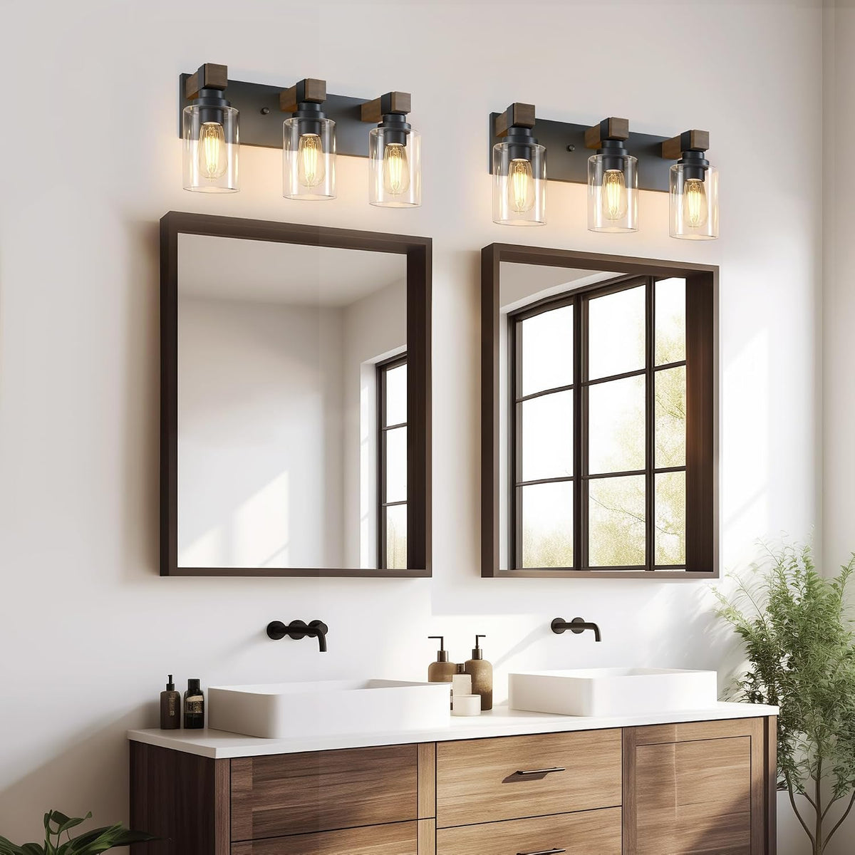 Farmhouse 3-Light Bathroom Vanity Light Fixtures, Black and Wood | 18.8″ Rustic Matte Black Metal Frame, Clear Glass Shades, Vintage Wall Sconces Lighting Over Mirror, for Bathroom Restroom