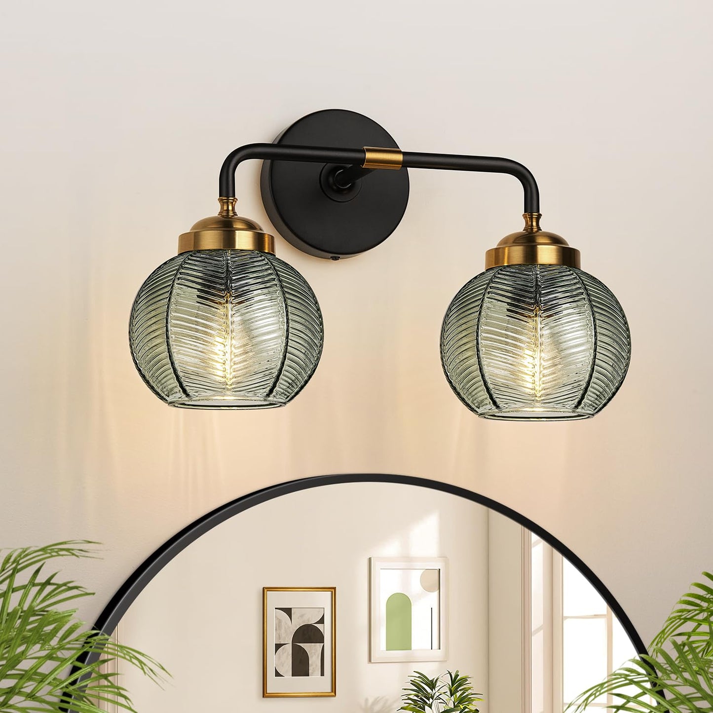 MOKATNG Bathroom Light Fixtures, 3-Light Green Vanity Lights with Unique Leaf Texture Glass Shade, Modern Matte Black and Gold Bathroom Wall Lamp for Mirror Hallway Cabinet Living Room