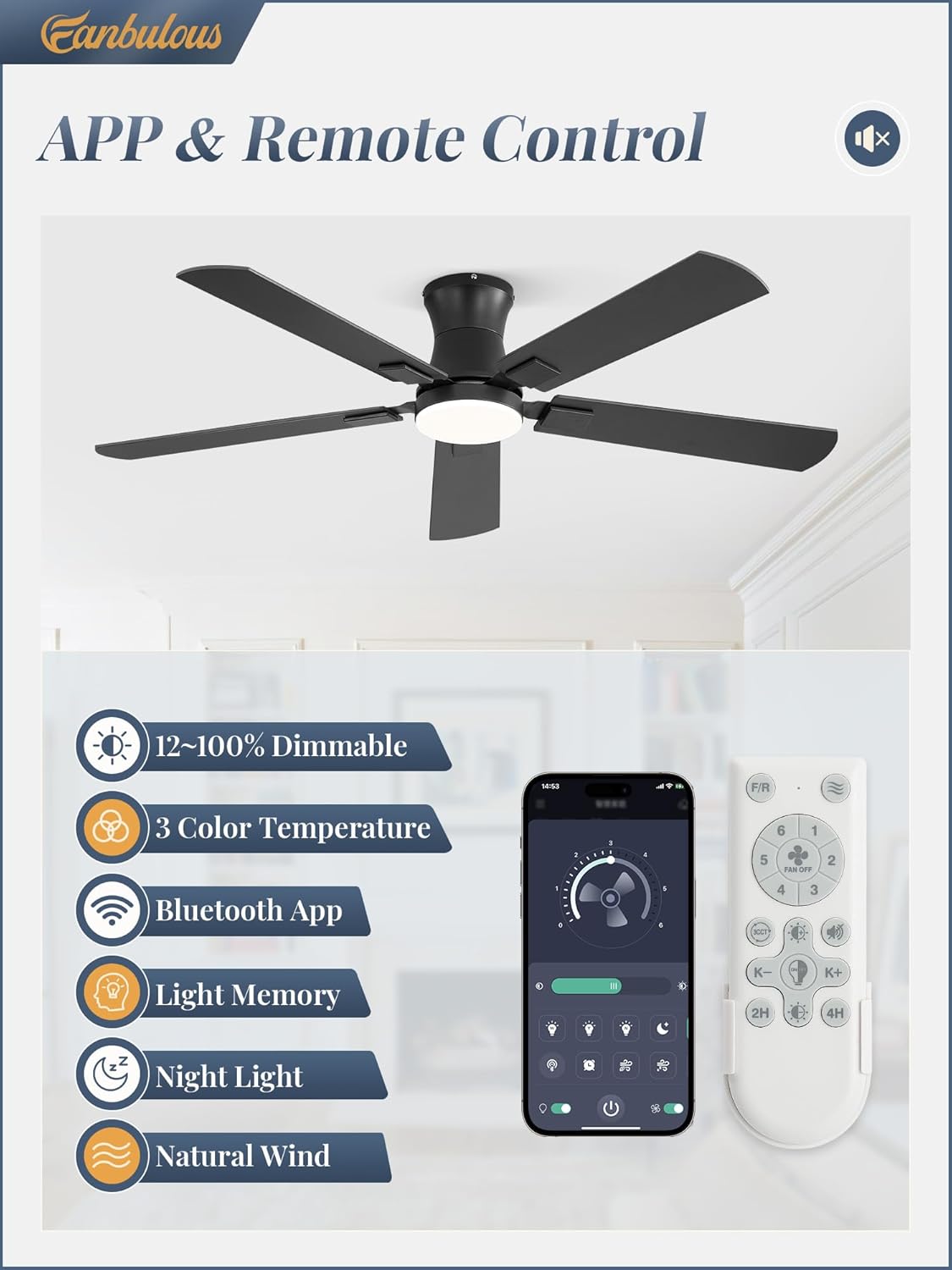 Fanbulous 52 inch Ceiling Fan with Light, Low Profile, App & Remote Control | Flush Mount, Stepless Dimming LED Light, Quiet Reversible DC Motor, Memory Function, Living Room, Bedroom, Patio, Black