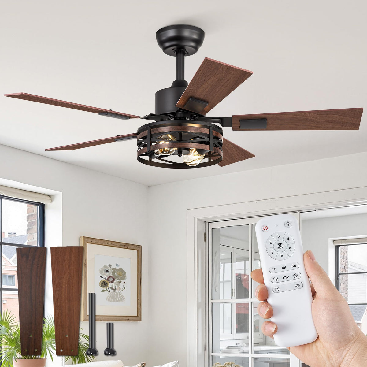 Fanbulous 48" Farmhouse Ceiling Fan with Light & Remote, 2-Light Caged | DC Motor Quiet and Reversible, 6-Speed Adjustable, Dual Finish 5 Blades Rustic for Bedroom and Living Room, Black and Walnut