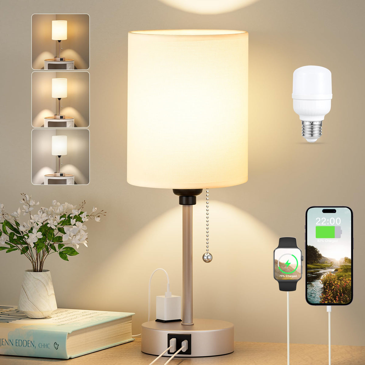 Dicoool Bedside Table Lamp for Bedroom - Small Desk Lamp with USB Ports | USB A+C Ports, AC Outlet, 3 Color Temperatures, LED Bulb Included, White Fabric Shade, Black Metal Base, 14" Nightstand lamp