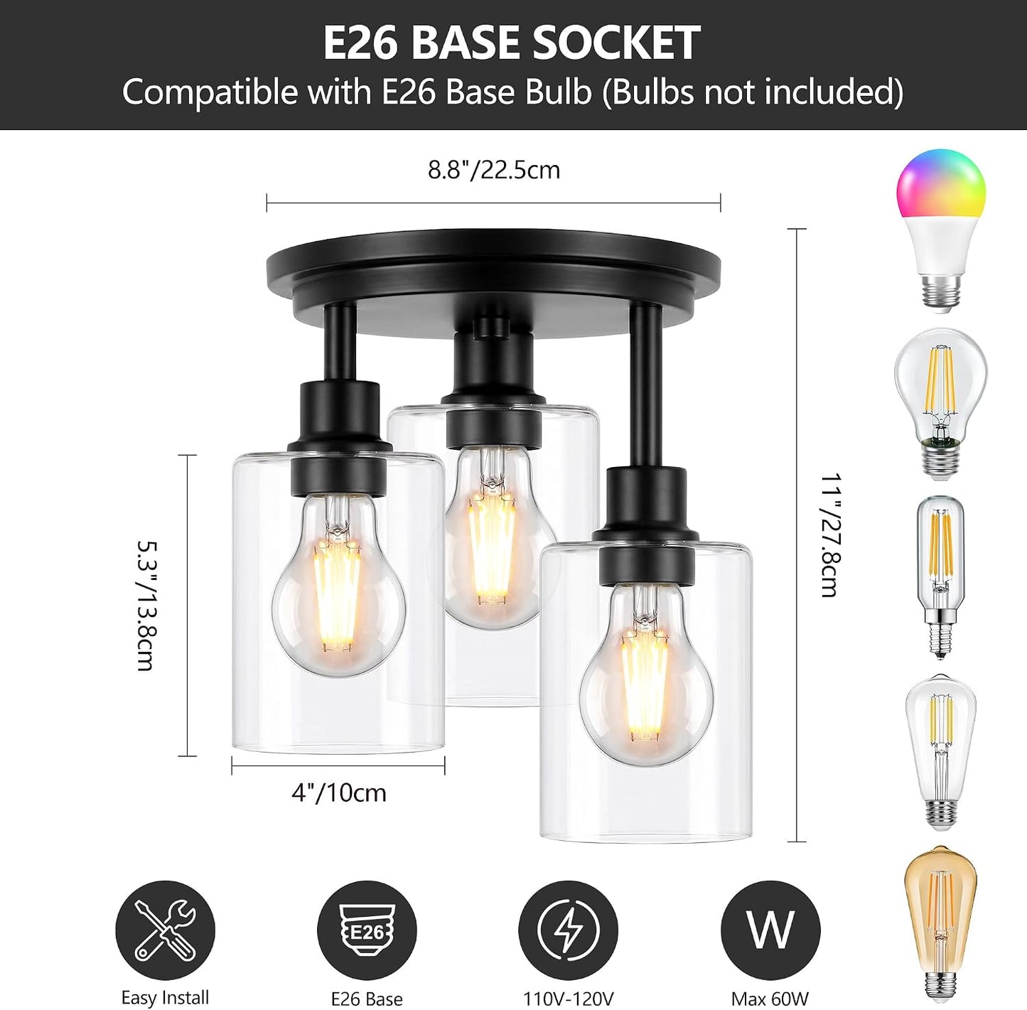 ROTTOGOON Semi Flush Mount Ceiling Light, Close to Ceiling Lights Fixtures, 3 Light Kitchen Ceiling Lights Fixtures with Glass Shades, Hallway Light Fixtures Ceiling Mount for Foyer, 9.9" x 13", Black