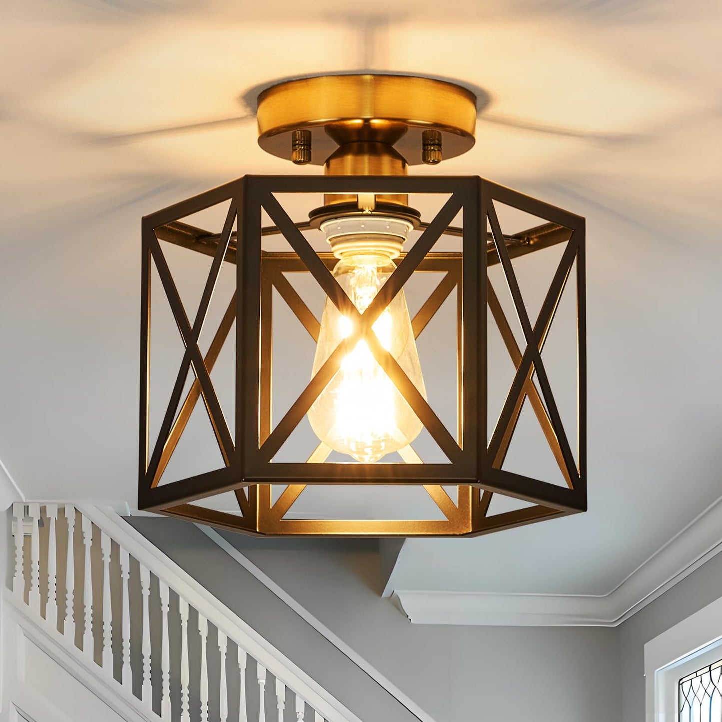 Black Modern Farmhouse Metal Semi Flush Mount Ceiling Light Fixture 14.6 in | Industrial Ceiling Lighting Fixture,hexagonal Lighting Fixtures for Kitchen Island Bedroom Foyer Dining Room Hallway,3-Light