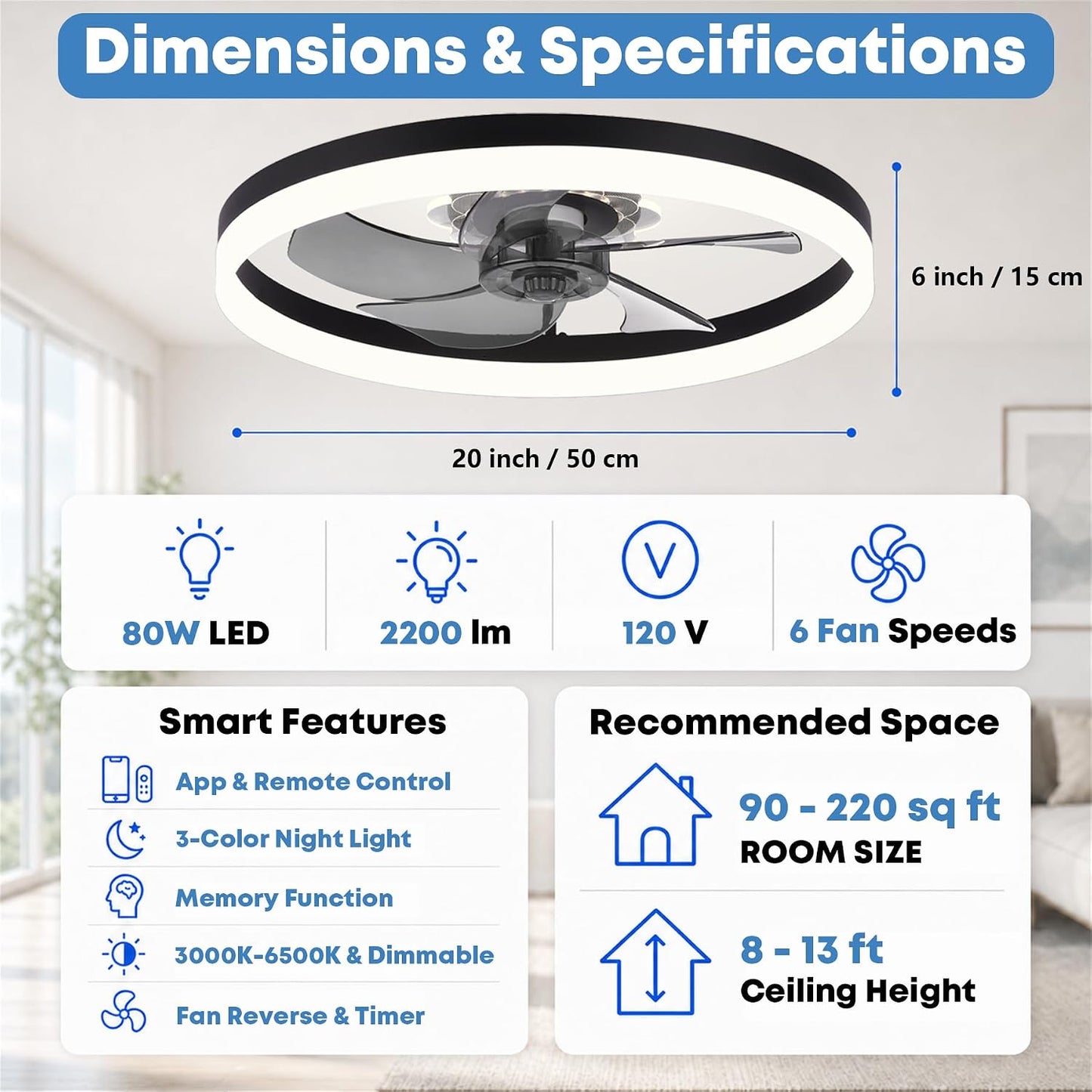 FSZDORJ 20'' Ceiling Fan with Light and Remote, Low Profile Ceiling Fan with Light, Dimmable Flush Mount Ceiling Fan Light, 6 Speeds Fan, App&Remote Control, Fandelier Quiet Fan for Bedroom F115 Black