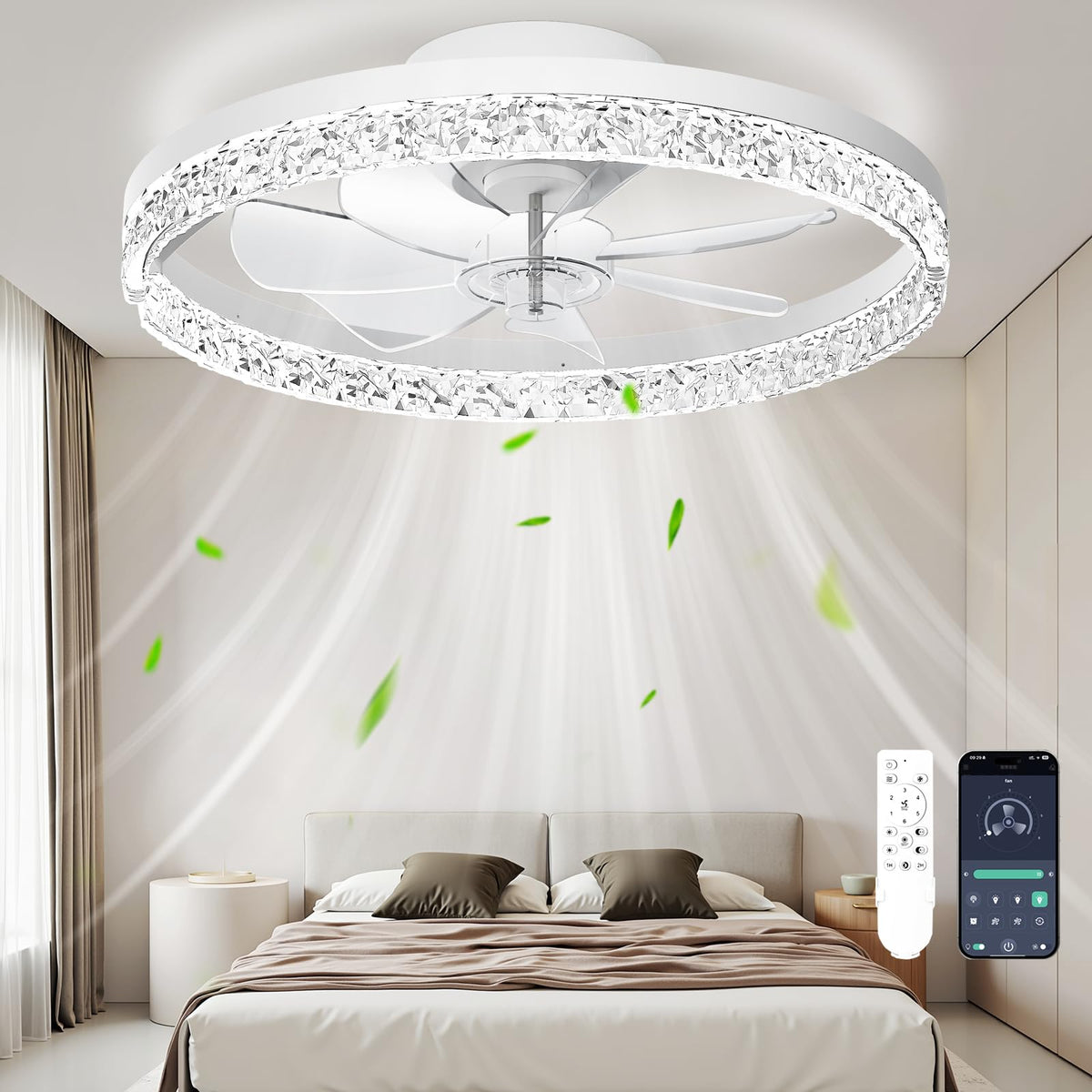 CHAREADA Ceiling Fan with Light, 20" Low Profile Foldable Ceiling Fans | with 6 Wind Speeds, Dimmable Smart Ceiling Fan Light with Remote for Bedroom, Kids Room and Living Room
