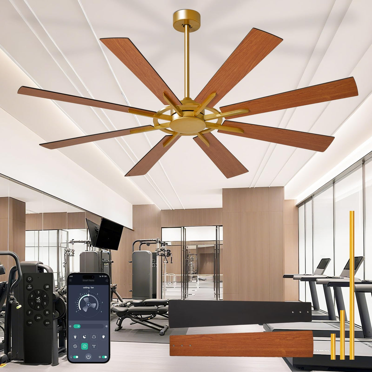 Large Ceiling Fans with Lights: Modern 72 Inch 8 Blade Outdoor Ceiling Fan with Remote APP Control - Dimmable Black Big Fan Light Indoor Reversible 6 Speed Quiet DC Motor