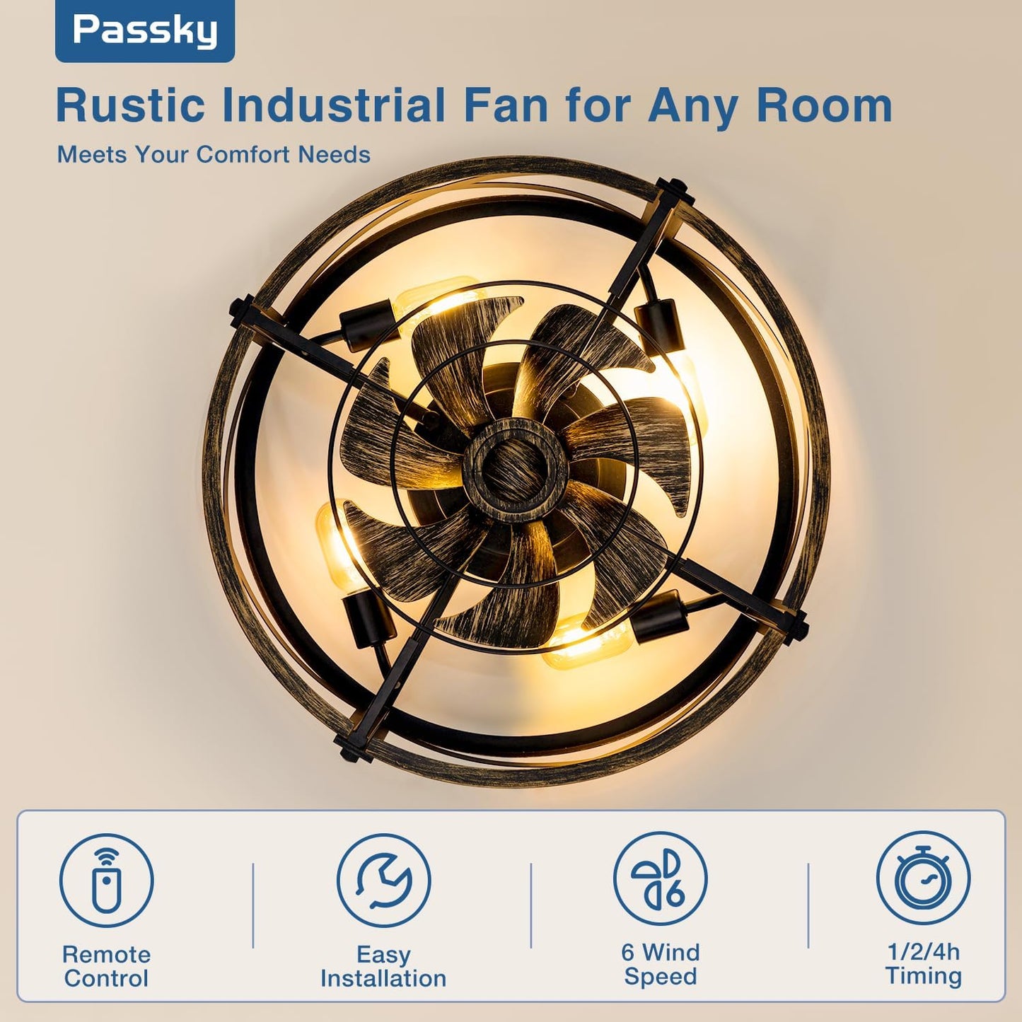 Passky 20" Caged Ceiling Fans with Lights and Remote, Low Profile Fandelier | Reversible DC Motor, 1/2/4H Timer, 6 Speeds, Farmhouse Style, Quiet Operation, for Bedroom, Kitchen, Dining Room, Living Room