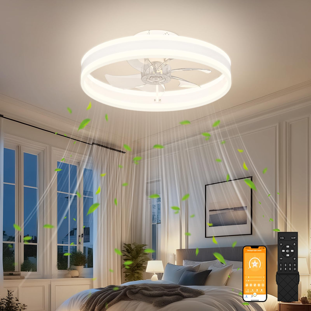 VOLISUN Low Profile Ceiling Fans with Lights and Remote, 27.6in Flush Mount Ceiling Fans with Light, 3000K-6500K Dimmable Fandelier LED Fan Light, Black Bladeless Ceiling Fans with Lights for Bedroom