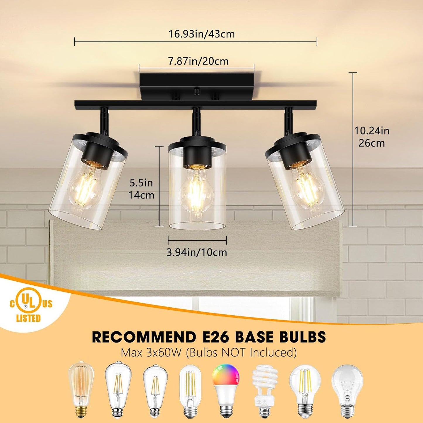 FadimiKoo 3-Lights Semi Flush Mount Ceiling Light, Adjustable Kitchen Light Fixtures Ceiling Mount with Clear Glass Shades, Rotatable Black Track Lighting Fixtures for Hallway, Foyer, Bedroom