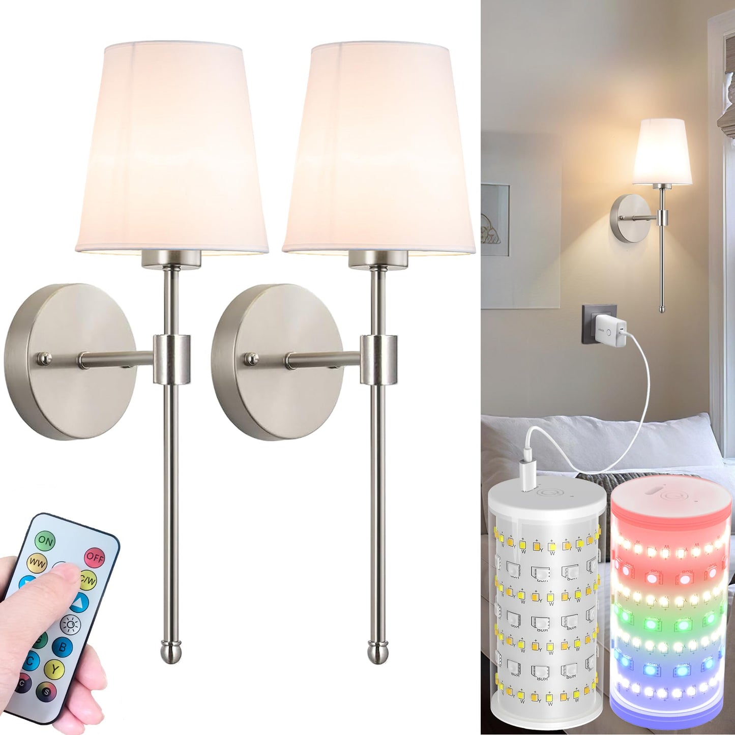 Nekhung Battery Operated Wall Sconce, Peel and Stick Sconces Set of 2 | Wireless Adhesive Stick On Wall Sconce, 10000mAh Rechargeable RGB Bulb with Remote, No Drill Wall Light for Bedroom Decor