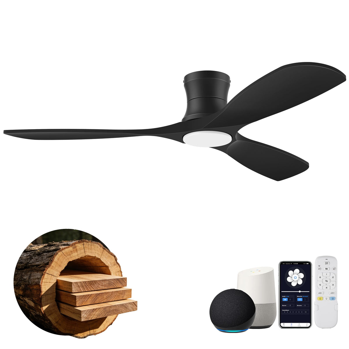 52" Wood Low Profile Ceiling Fans with Lights Remote,Flush Mount,Smart | Alexa/App Control,Easy Install,Quiet,Light Wood White,Hugger LED Ceiling Fan for Modern Outdoor Indoor Patio Bedroom,High CFM