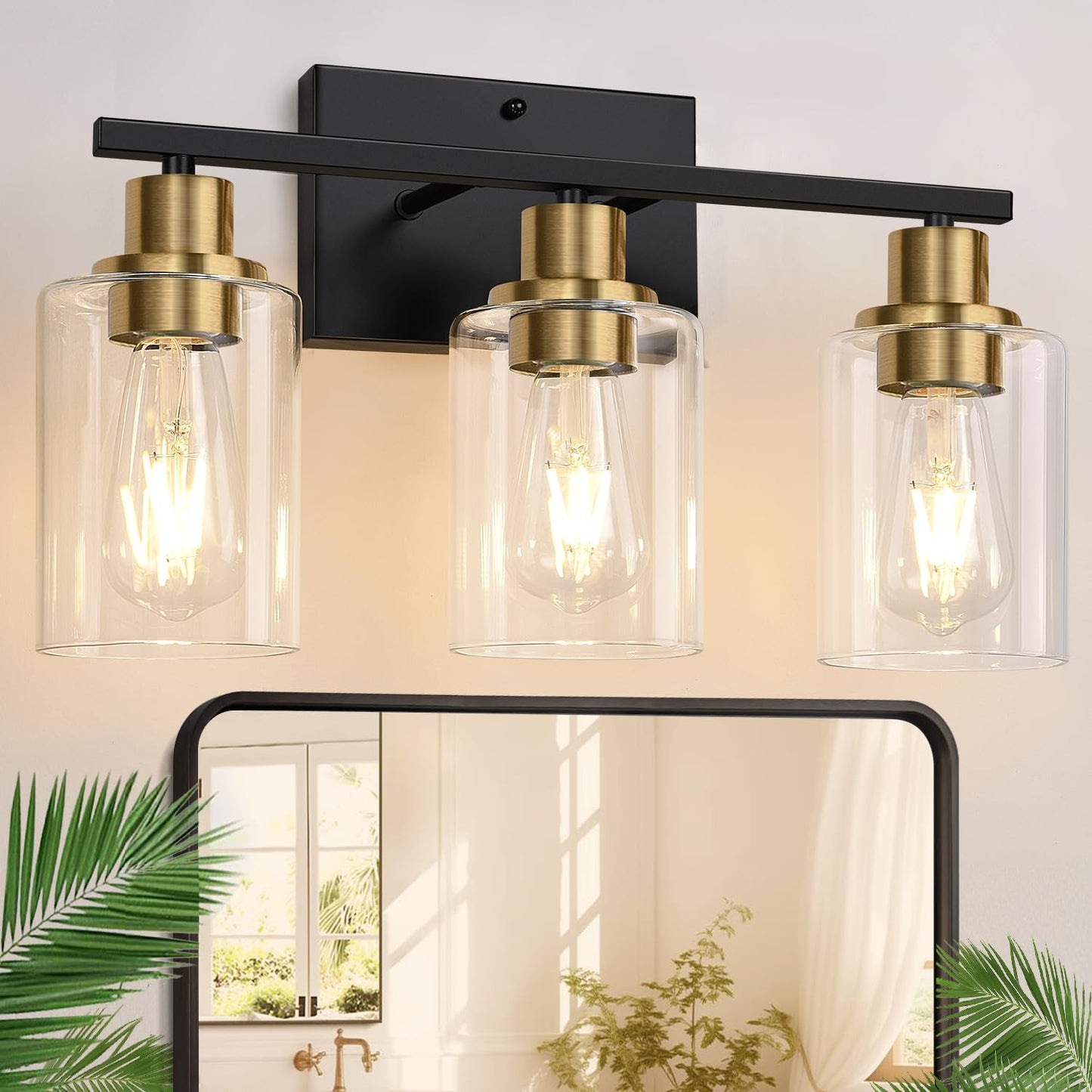 Indoi 4-Light Bathroom Light Fixtures, Matte Black Modern Vanity Lights with Clear Glass Shades, Bathroom Wall Lamp for Mirror Living Room Cabinet Bedroom Porch