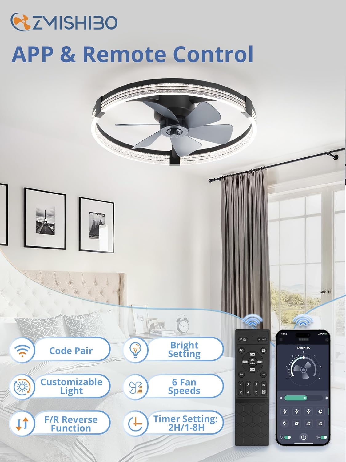 ZMISHIBO Ceiling Fan with Light and remote, 23'' Low Profile Ceiling Fans | Flush Mount Modern Ceiling Fan and Remote Control, 3000K-7000K Dimmable, Modern Fandelier for Bedroom, Living Room