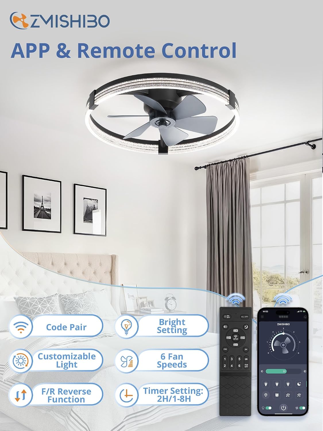 ZMISHIBO Ceiling Fan with Light and remote, 23'' Low Profile Ceiling Fans | Flush Mount Modern Ceiling Fan and Remote Control, 3000K-7000K Dimmable, Modern Fandelier for Bedroom, Living Room