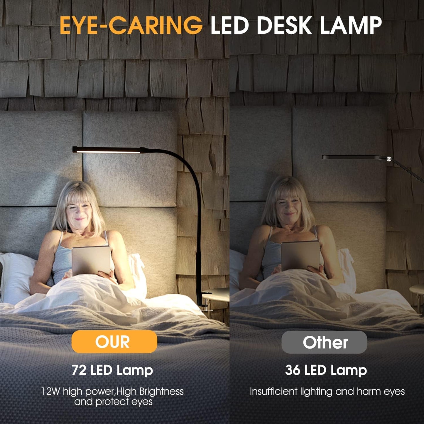 LED Desk Lamp with Clamp, Clip on Lights for Home Office, White | 3 Modes 10 Brightness, Long Flexible Goose-Neck, Eye-Caring, Memory Function, Energy Efficient, USB Adapter, Metal