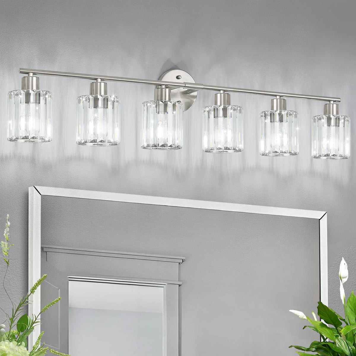 Modern Brushed Nickel Crystal Bathroom Light Fixtures,3-Light | Bathroom Lighting Fixtures over Mirror,Vanity Lights for Mirror, Restroom(Ceramic E26 Socket,Bulbs Not Include)
