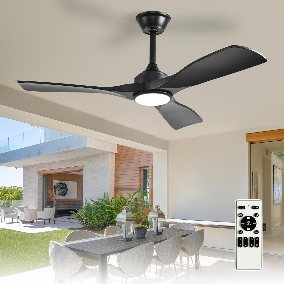 Depuley 52-Inch Ceiling Fan with Light: Black 3 Blade Outdoor Fans for Patios - Dimmable Indoor Fan with Remote Control Fandelier for Living Room Bedroom Porch Quiet Motor Reversible 6 Speed Timer