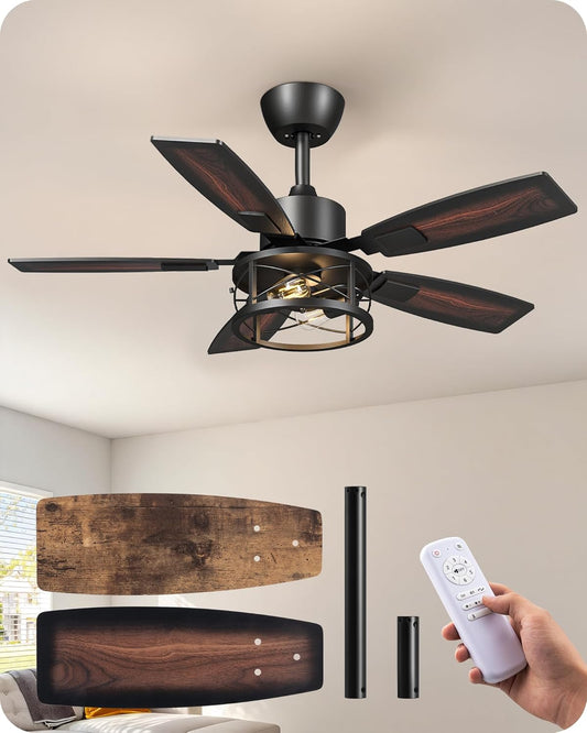 EDISHINE 42" Farmhouse Ceiling Fans with Light and Remote,10%-100% Dimmable | Reversible DC Motor, 6 Speed, 5 Wooden Blades, Timer, Rustic Caged Fandelier Ceiling Fan for Living Room, Bedroom