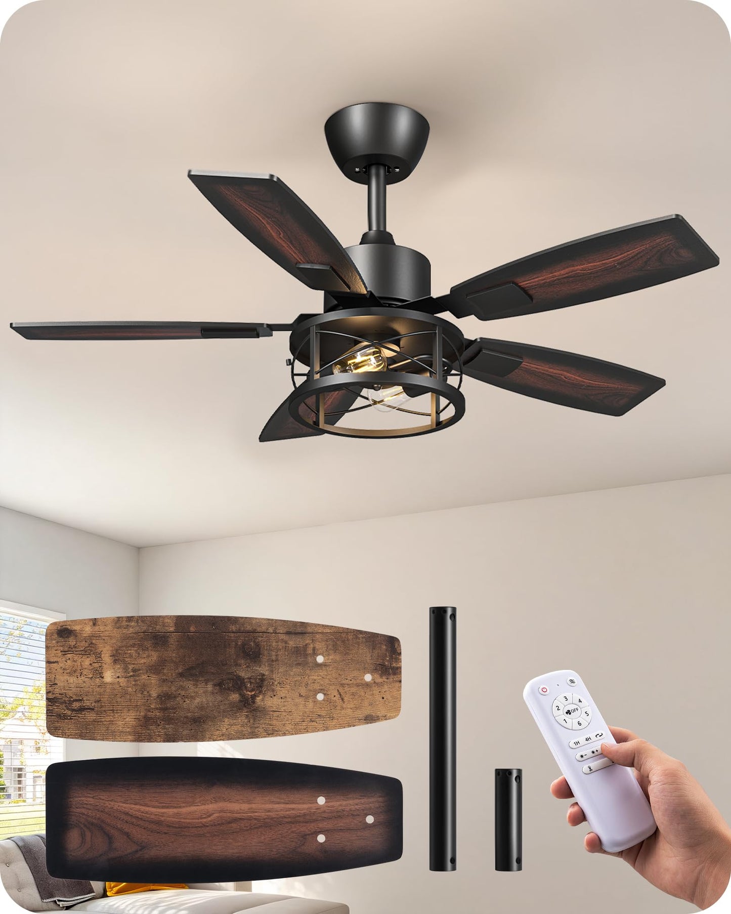 EDISHINE 42" Farmhouse Ceiling Fans with Light and Remote,10%-100% Dimmable | Reversible DC Motor, 6 Speed, 5 Wooden Blades, Timer, Rustic Caged Fandelier Ceiling Fan for Living Room, Bedroom