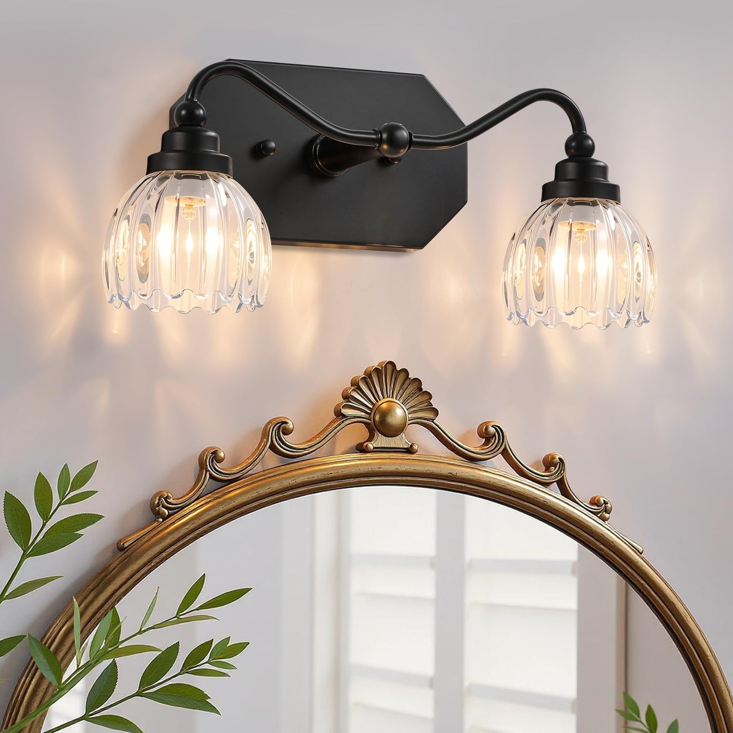 3 Light Gold Vintage Vanity Lights, Antique Brass Finish | Clear Tulip Crystal Shades,Brushed Gold Bathroom Light Fixtures,Wall Sconce Ideal for Bedroom, Hallway, Easy to Install