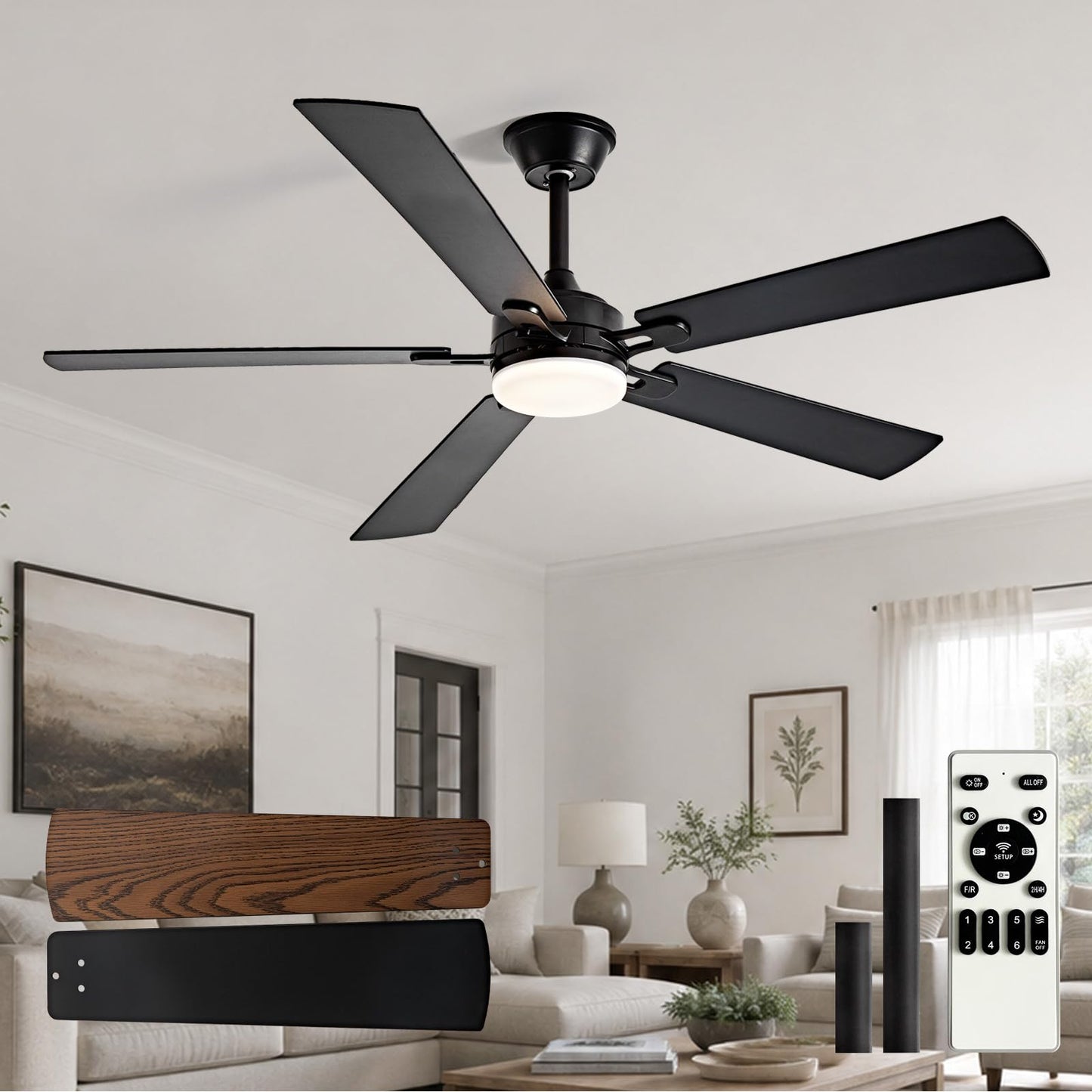 Depuley 52-Inch Ceiling Fan with Light: Black 3 Blade Outdoor Fans for Patios - Dimmable Indoor Fan with Remote Control Fandelier for Living Room Bedroom Porch Quiet Motor Reversible 6 Speed Timer