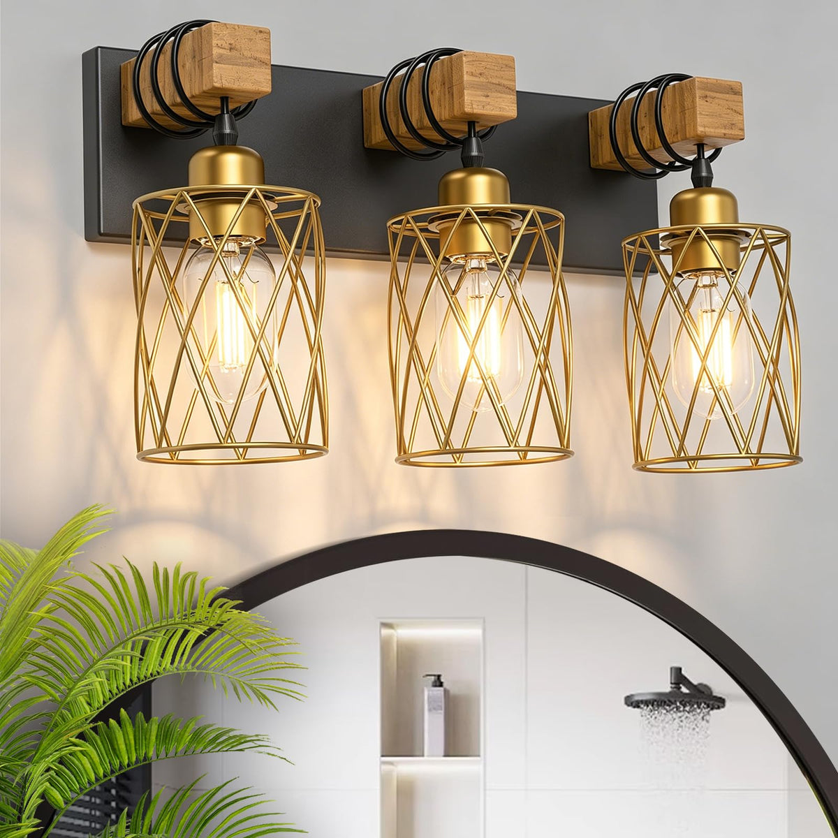 IZORRO Farmhouse Bathroom Vanity Light, 3-Light Wood Bathroom Light Fixtures Over Mirror, Black Industrial Vanity Lights with Metal Shade, Rustic Restroom Lighting Fixtures