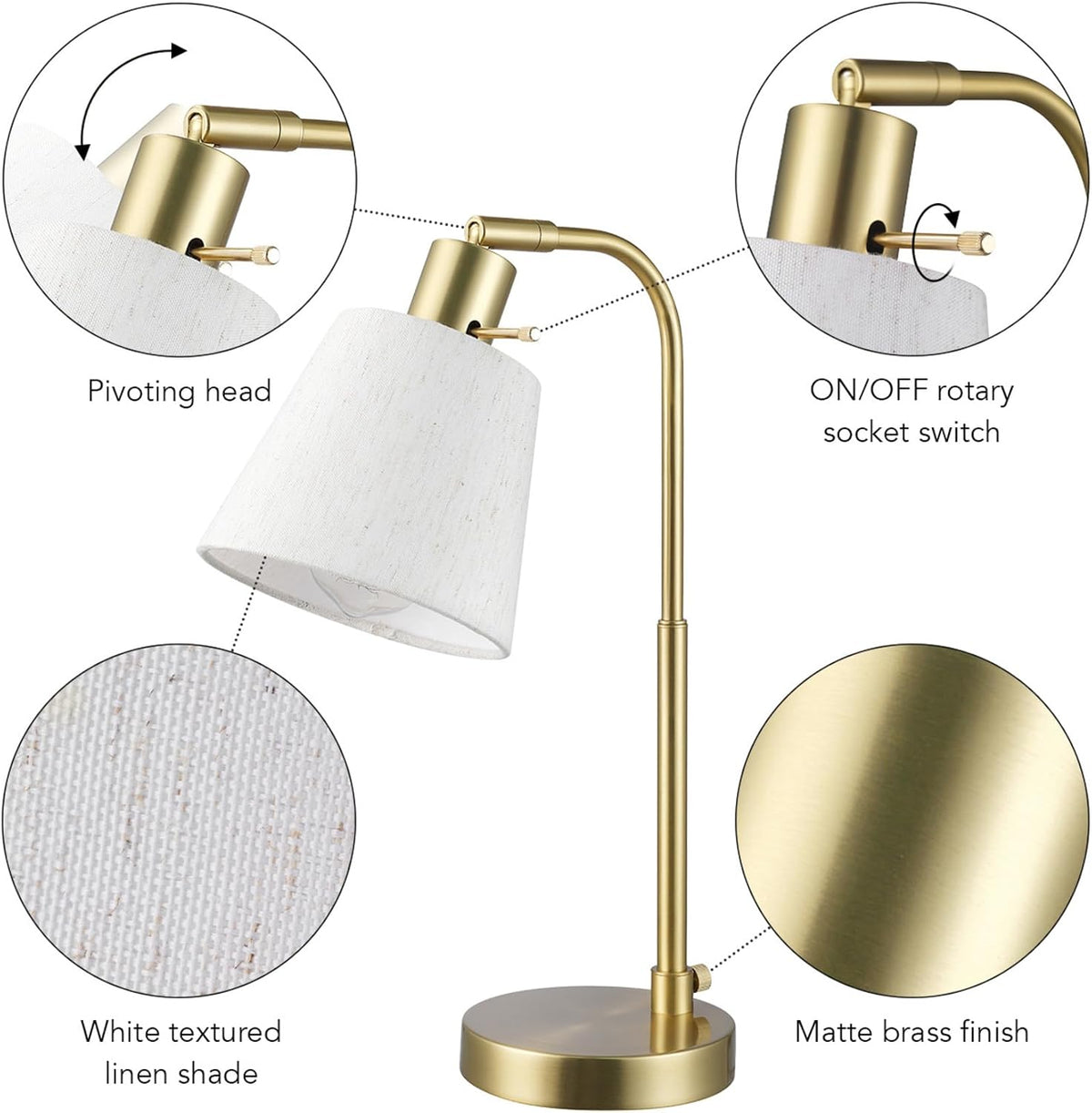 Globe Electric 61000057 16" Desk Lamp, Matte Brass Finish, White Shade, Adjustable Pivot Joint, Rotary Switch on Socket, Modern Lighting for Bedroom or Office, Indoor Lights, E26 Base