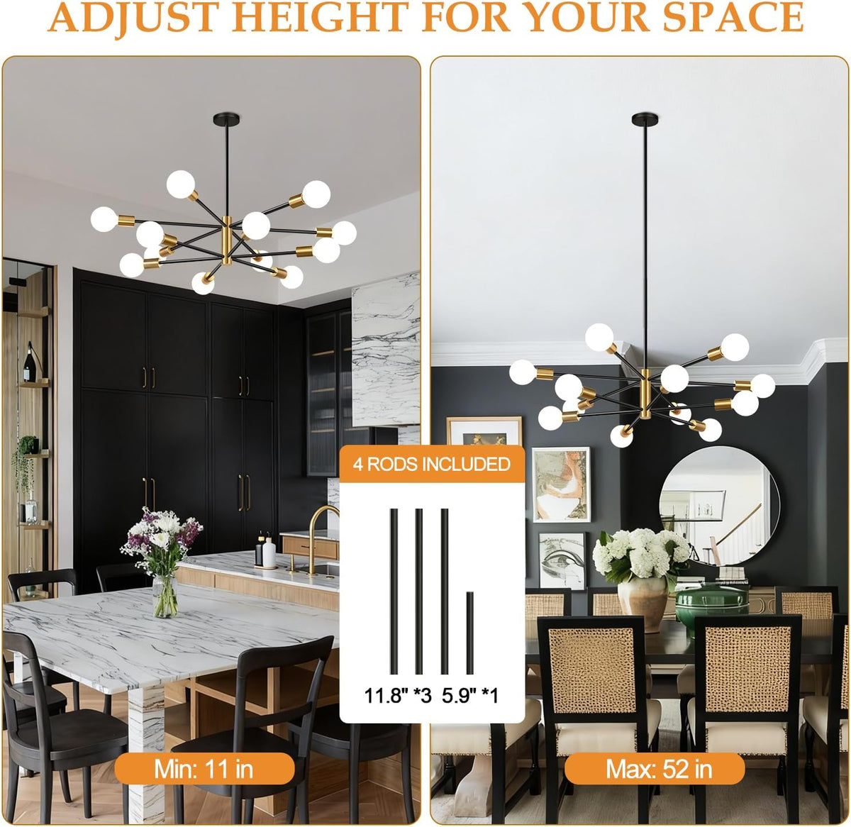 11"-52" Height Adjustable Modern Chandelier Ceiling Light Fixture, 12-Light Sputnik Chandeliers Brushed Gold and Matte Black Mid Century Chandelier Over Table, Chandeliers for Dining Room Living Room