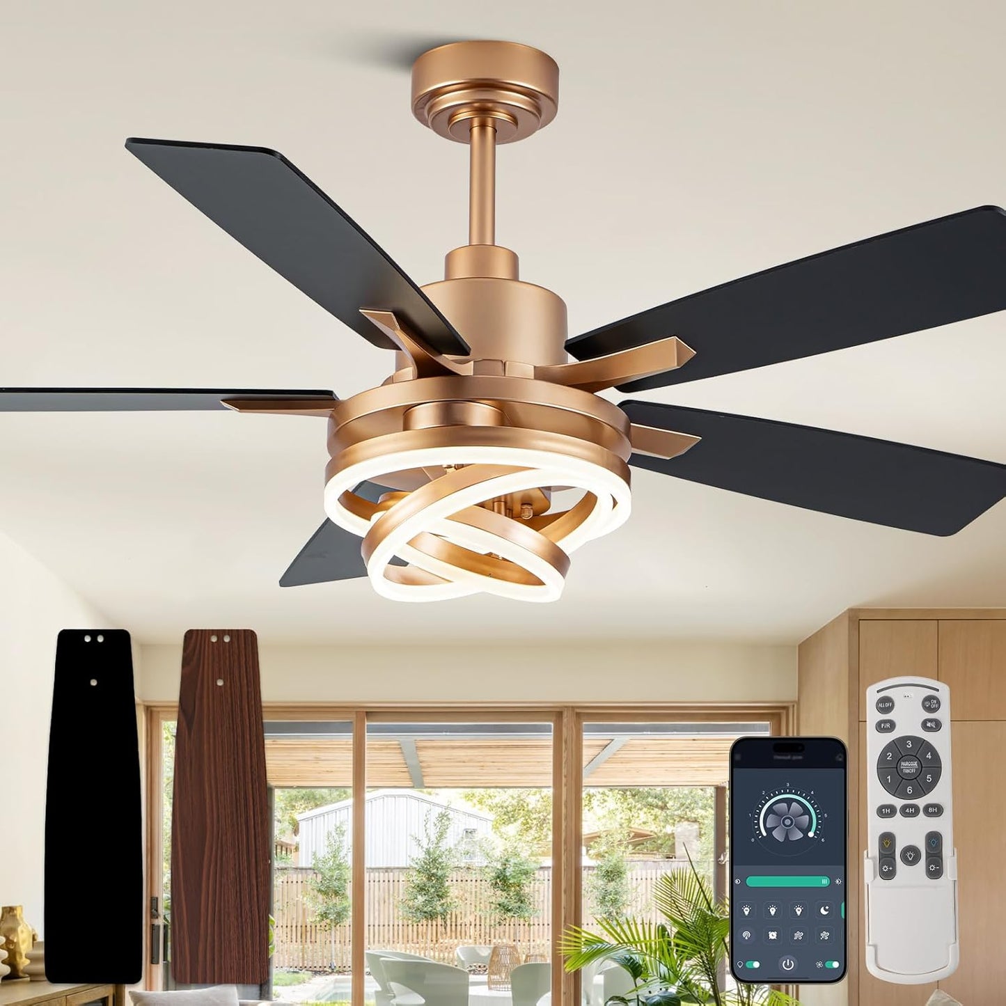 52" Black and Gold Modern Chandelier Fandelier Ceiling Fan with Light | DC motor, reversible, dimmable, 3 adjustable rings for DIY shape; for bedroom, living room.