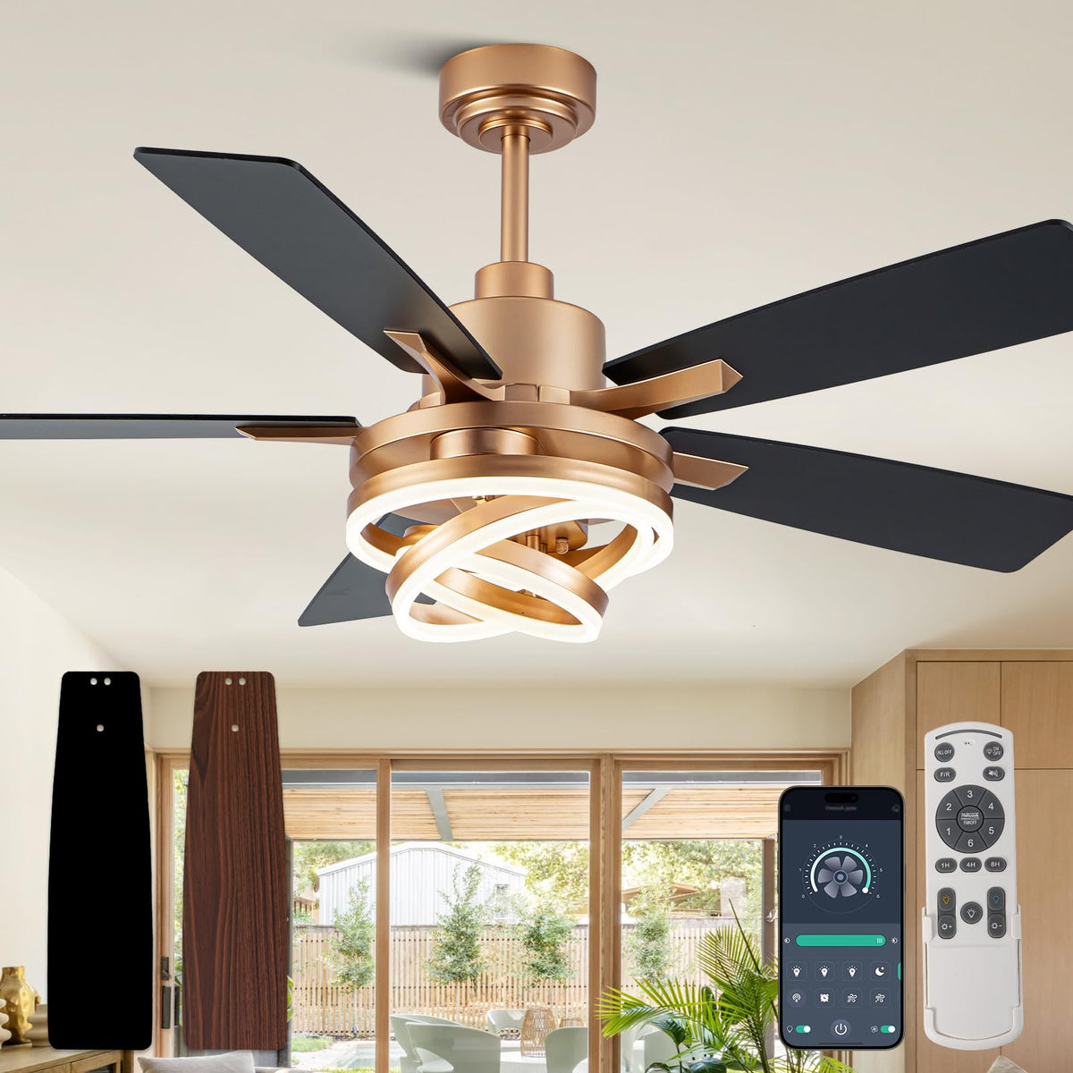 52" Black and Gold Modern Chandelier Fandelier Ceiling Fan with Light | DC motor, reversible, dimmable, 3 adjustable rings for DIY shape; for bedroom, living room.