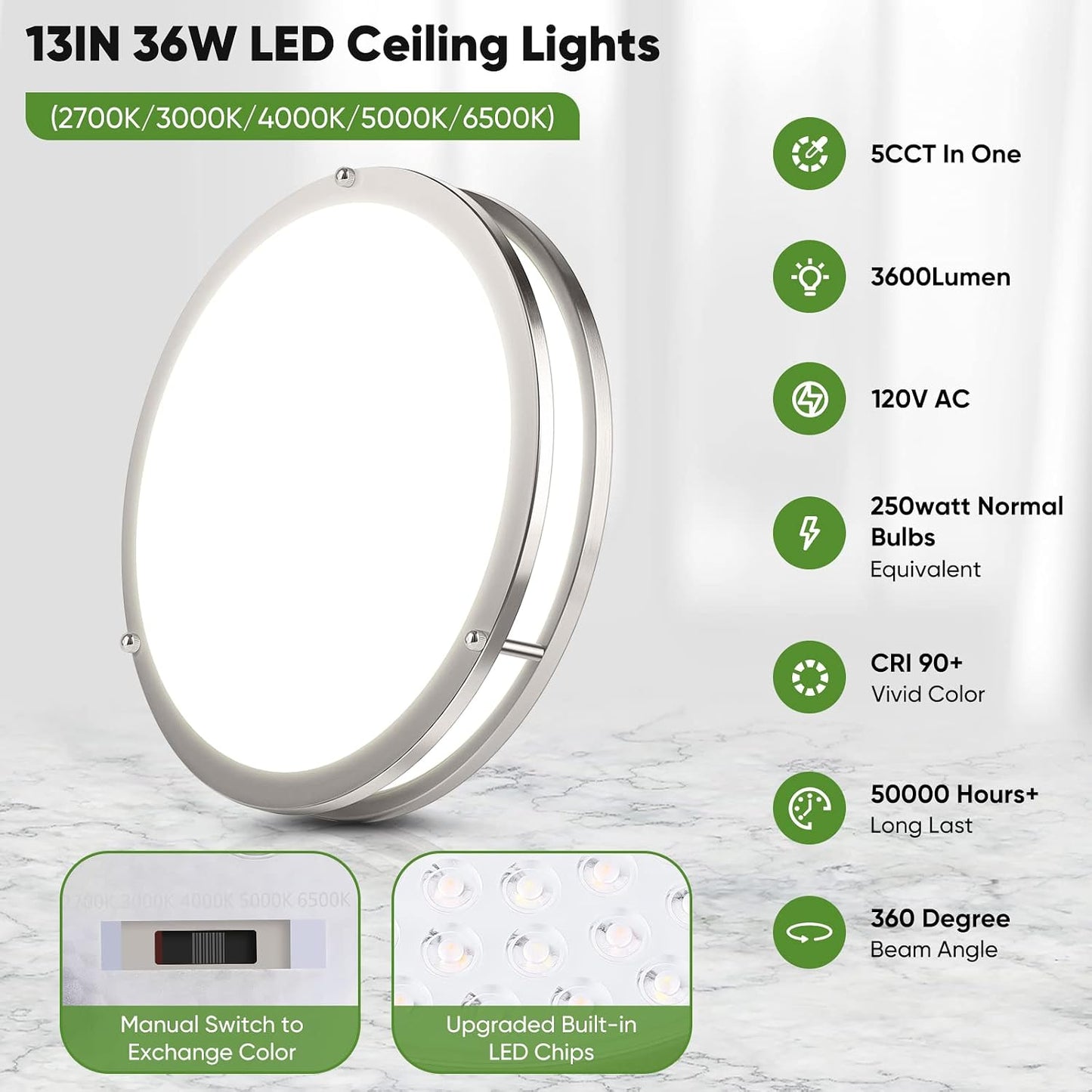 36W LED Ceiling Lights 3600lm Super Bright, Flush Mount Light Fixtures | Dimmable, 6500K/5000K/4000K/3000K/2700K Adjusted Modern Ceiling Lights 2PACK, 13in Ceiling Lamps for Bedroom Kitchen, Nickle