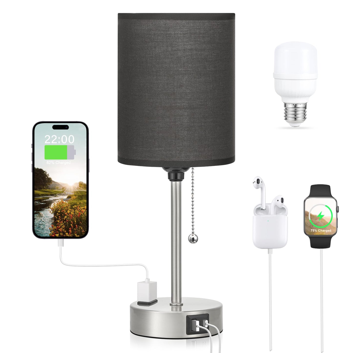 Dicoool Bedside Table Lamp for Bedroom - Small Desk Lamp with USB Ports | USB A+C Ports, AC Outlet, 3 Color Temperatures, LED Bulb Included, White Fabric Shade, Black Metal Base, 14" Nightstand lamp
