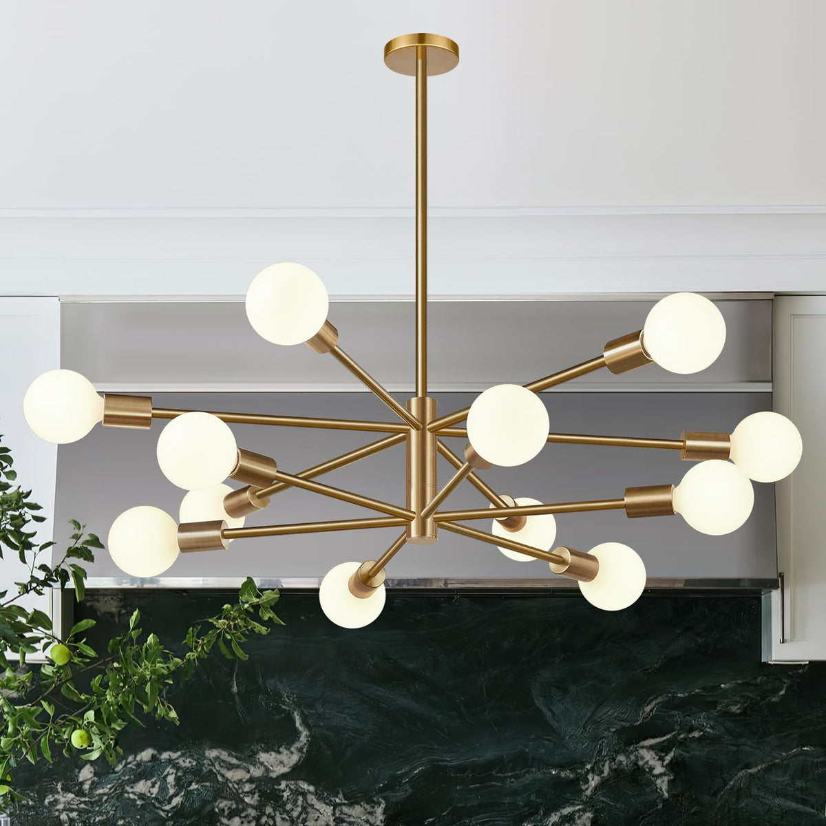 11"-52" Height Adjustable Modern Chandelier Ceiling Light Fixture, 12-Light Sputnik Chandeliers Brushed Gold and Matte Black Mid Century Chandelier Over Table, Chandeliers for Dining Room Living Room