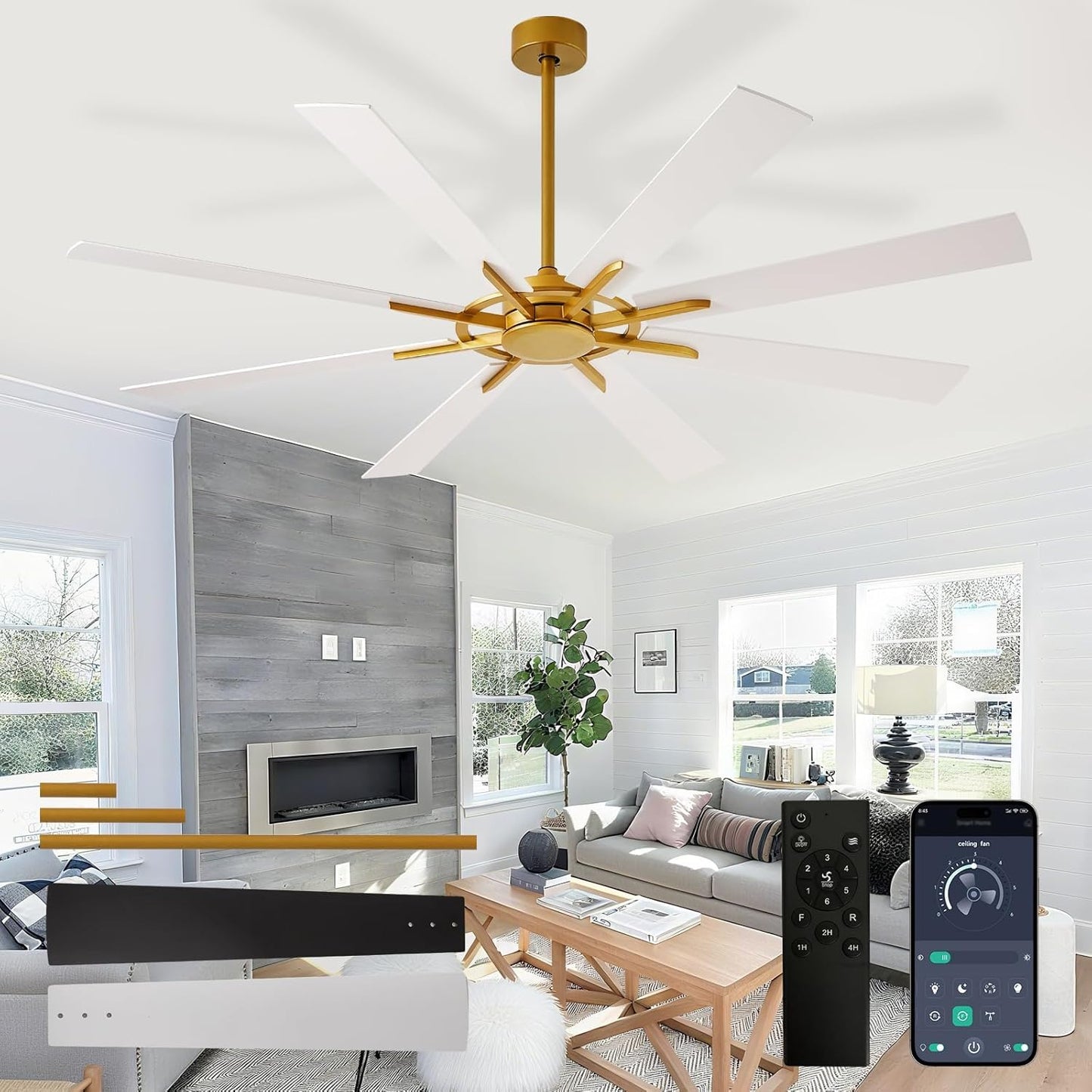 Large Ceiling Fans with Lights: Modern 72 Inch 8 Blade Outdoor Ceiling Fan with Remote APP Control - Dimmable Black Big Fan Light Indoor Reversible 6 Speed Quiet DC Motor