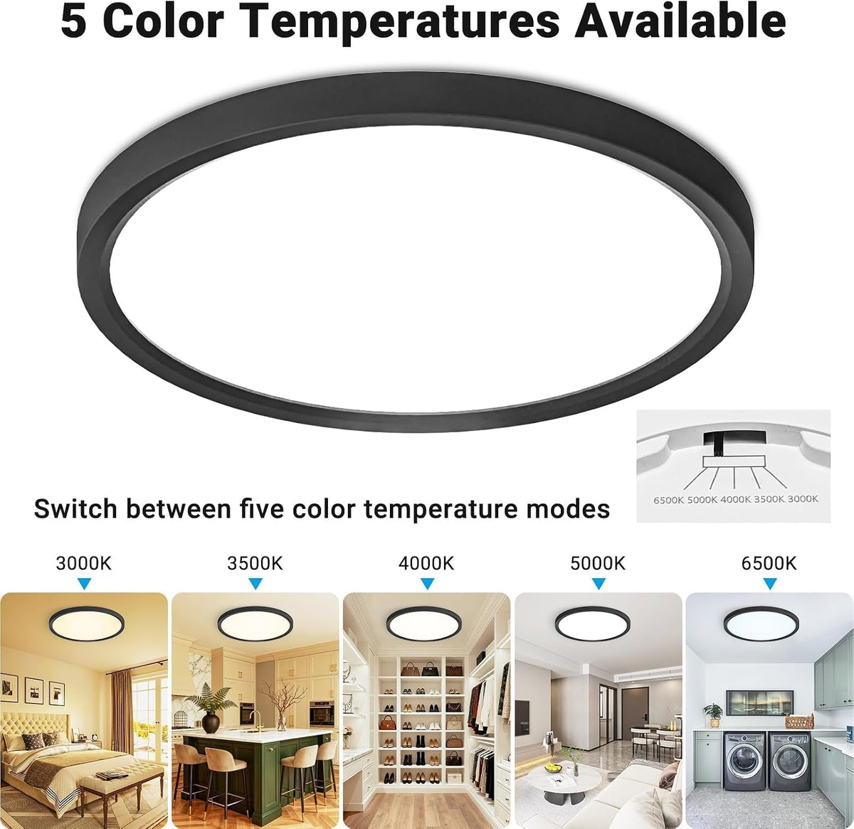 2Pack 12Inch LED Flush Mount Ceiling Light 5 Color Temperatures | 3000K/3500K/4000K/5000K/6500K 24W Black LED Ceiling Light Fixture for Bathroom Closet Kitchen Bedroom Hallway Porch Pantry