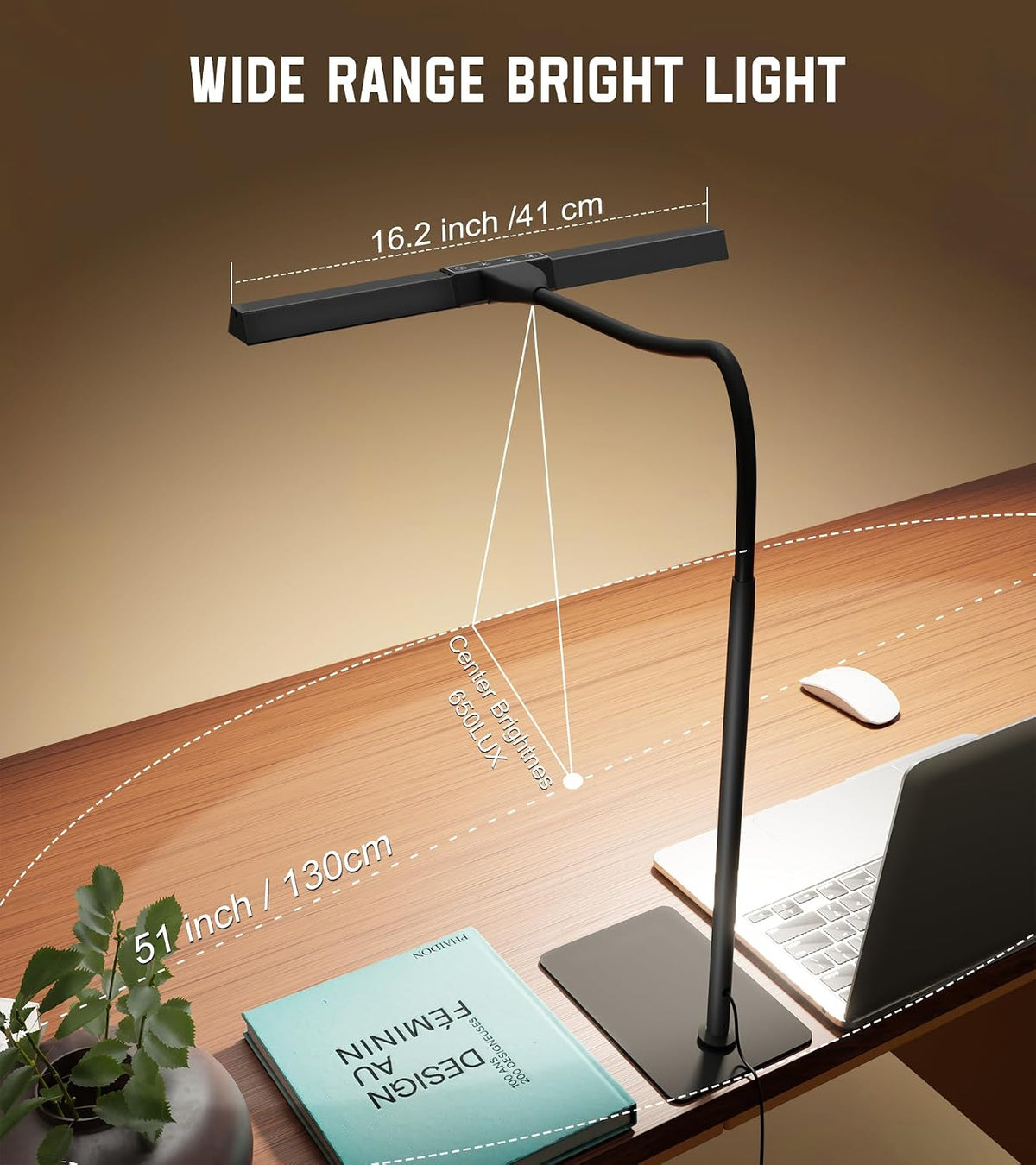 LED Desk Lamp for Home Office with Base, Eye-Caring Desk Light 12W, Black | Tall Lamp for Computer Monitor Task Reading, Adjustable Gooseneck, 5 Dimmable Brightness & Color, USB Touch Control, Timer