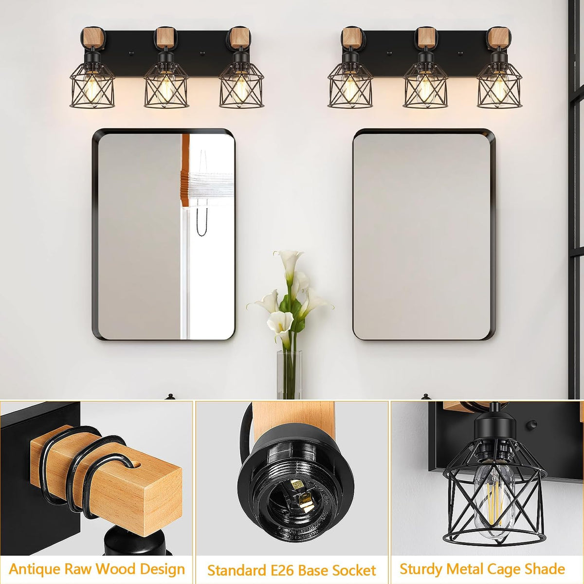 FadimiKoo 3-Light Bathroom Vanity Lights, Farmhouse Bathroom Light Fixtures | Rustic Wood & Black Metal Shade, Wood Bathroom Lighting Fixtures Over Mirror, Wall Sconces for Bathroom Bedroom Living Room