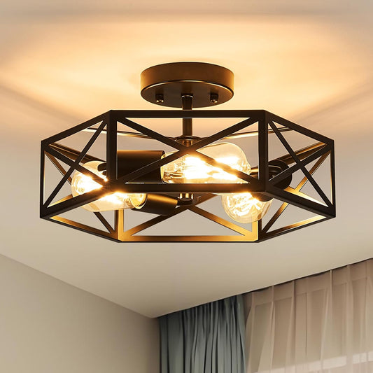 Black Modern Farmhouse Metal Semi Flush Mount Ceiling Light Fixture 14.6 in | Industrial Ceiling Lighting Fixture,hexagonal Lighting Fixtures for Kitchen Island Bedroom Foyer Dining Room Hallway,3-Light