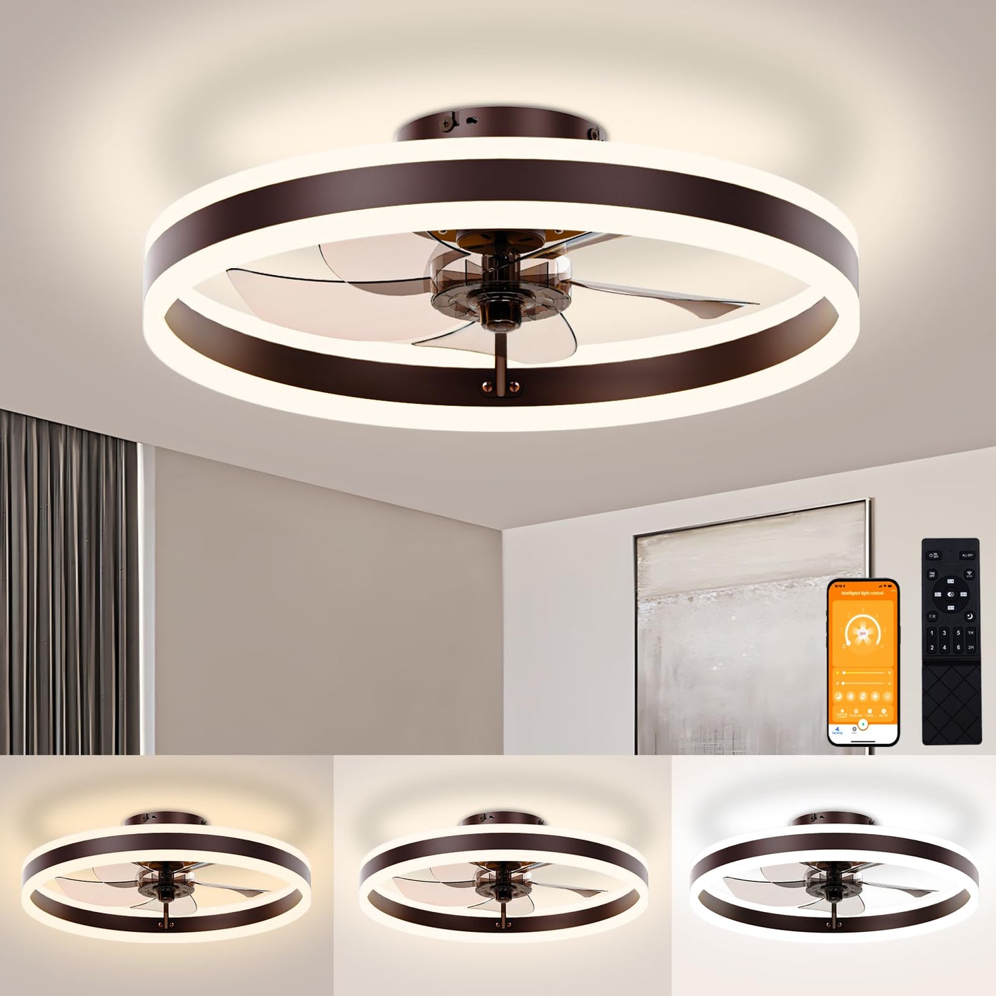 VOLISUN Low Profile Ceiling Fans with Lights and Remote, 27.6in Flush Mount Ceiling Fans with Light, 3000K-6500K Dimmable Fandelier LED Fan Light, Black Bladeless Ceiling Fans with Lights for Bedroom