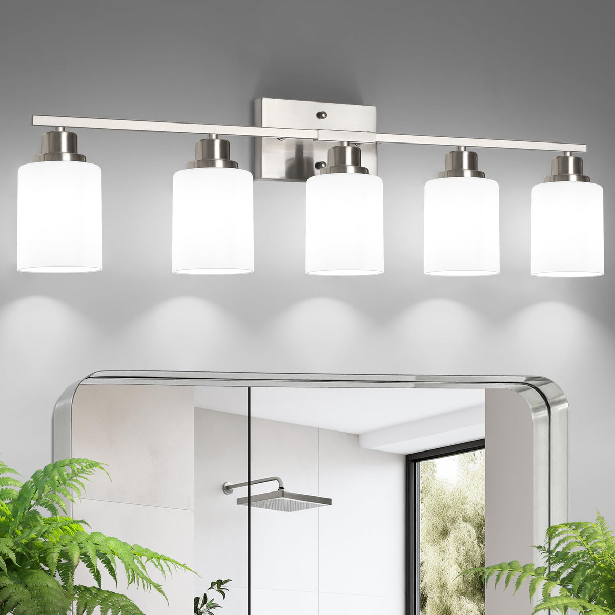 Ascher Bathroom Light Fixtures, 4-Light Vanity Light Over Mirror, Brushed Nickel Wall Sconces with Milky White Frosted Glass Shades, Wall Lamp for Living Room Bedroom, E26 Base(Bulbs Not Included)