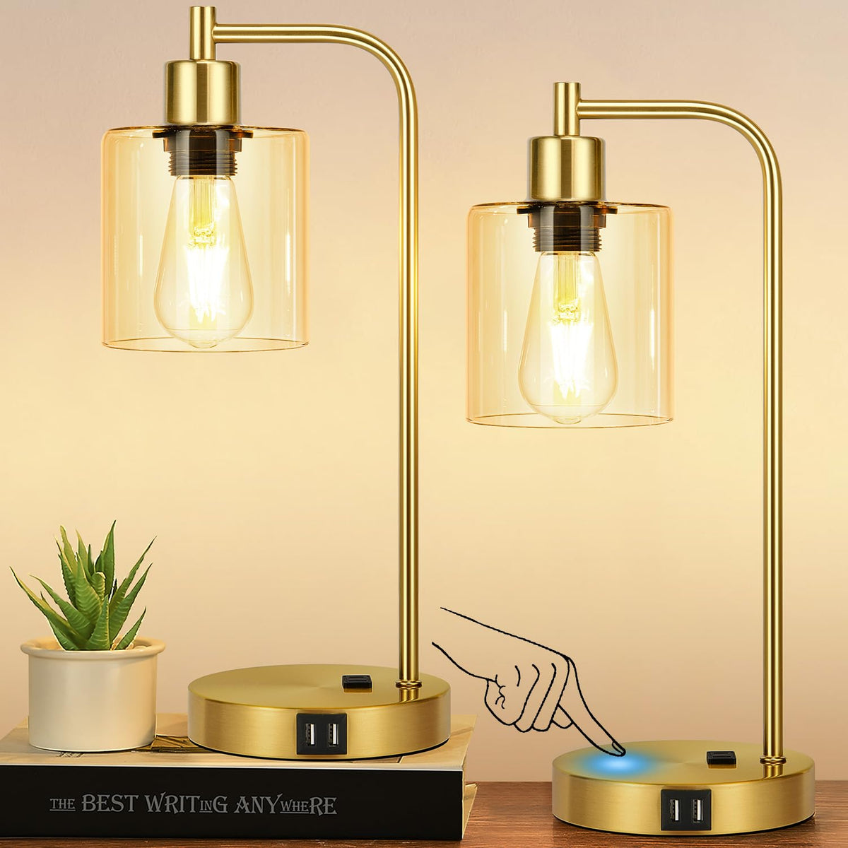 Set of 2 Industrial Touch Control Table Lamps with USB C+A Ports and AC Outlet - 3-Way Dimmable Black Bedside Lamps Nightstand Desk Lamps for Bedroom Living Room, Glass Shade & 2 LED Bulbs Included