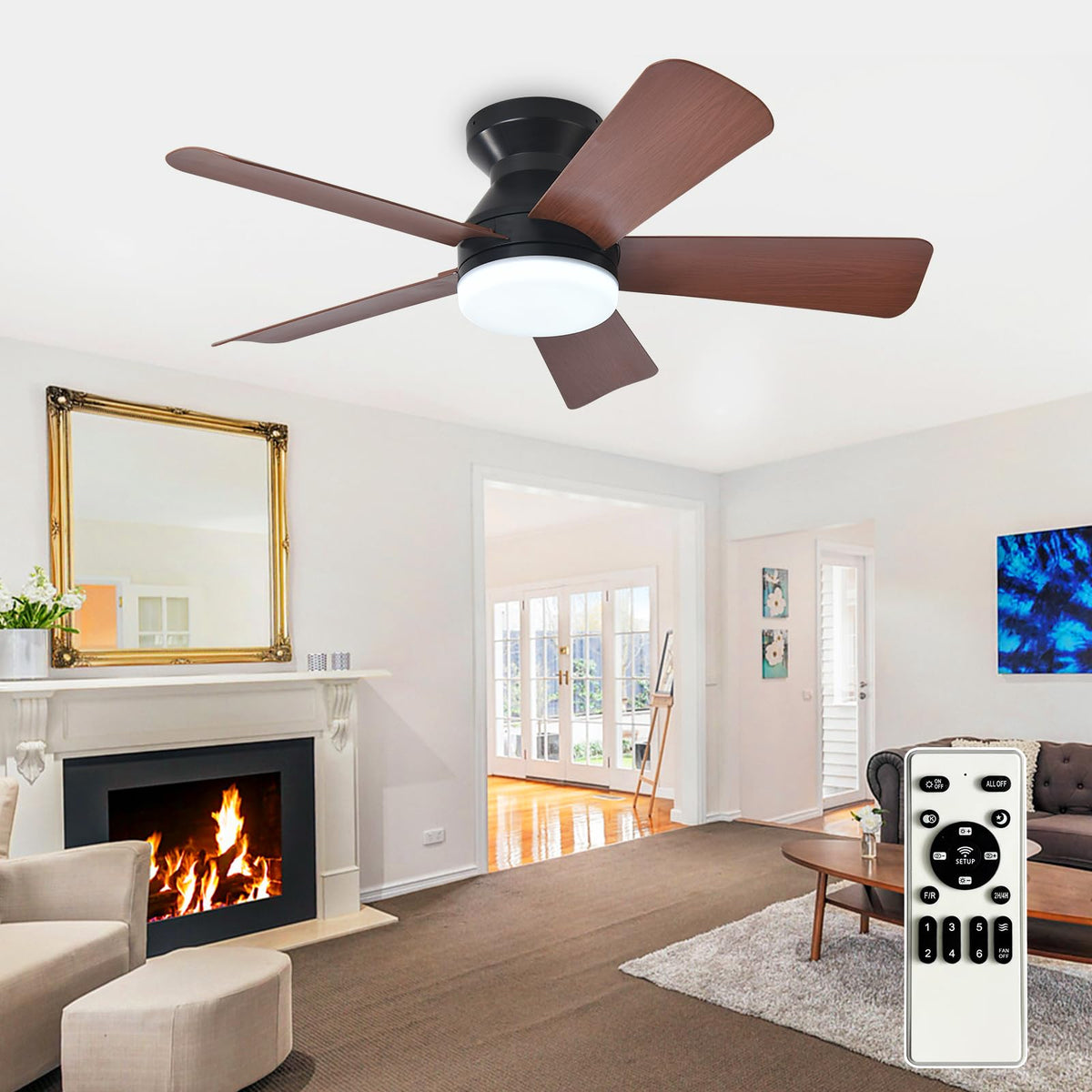 Depuley Modern Ceiling Fan with Light: 42-Inch Black Small Fans for Bedroom Indoor Outdoor - Dimmable Low Profile Ceiling Fans with Remote Control Flush Mount 5 Reversible Black Blades 6 Speeds Timer