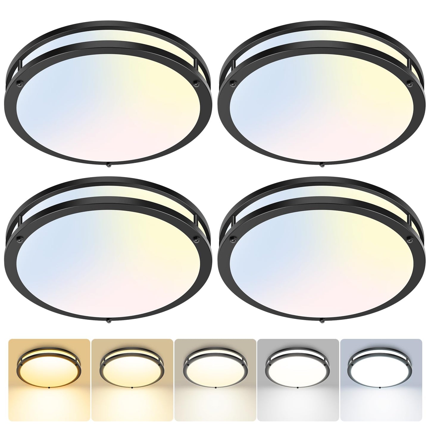 hepside 13inch Flush Mount Ceiling Light Fixture 2 Pack, Dimmable & 5 Color Temperatures Ceiling Light Black, 24W 3000K 3500K 4000K 5000K 6500K Adjustable Ceiling Lamps for Bathroom Bedroom Hallway