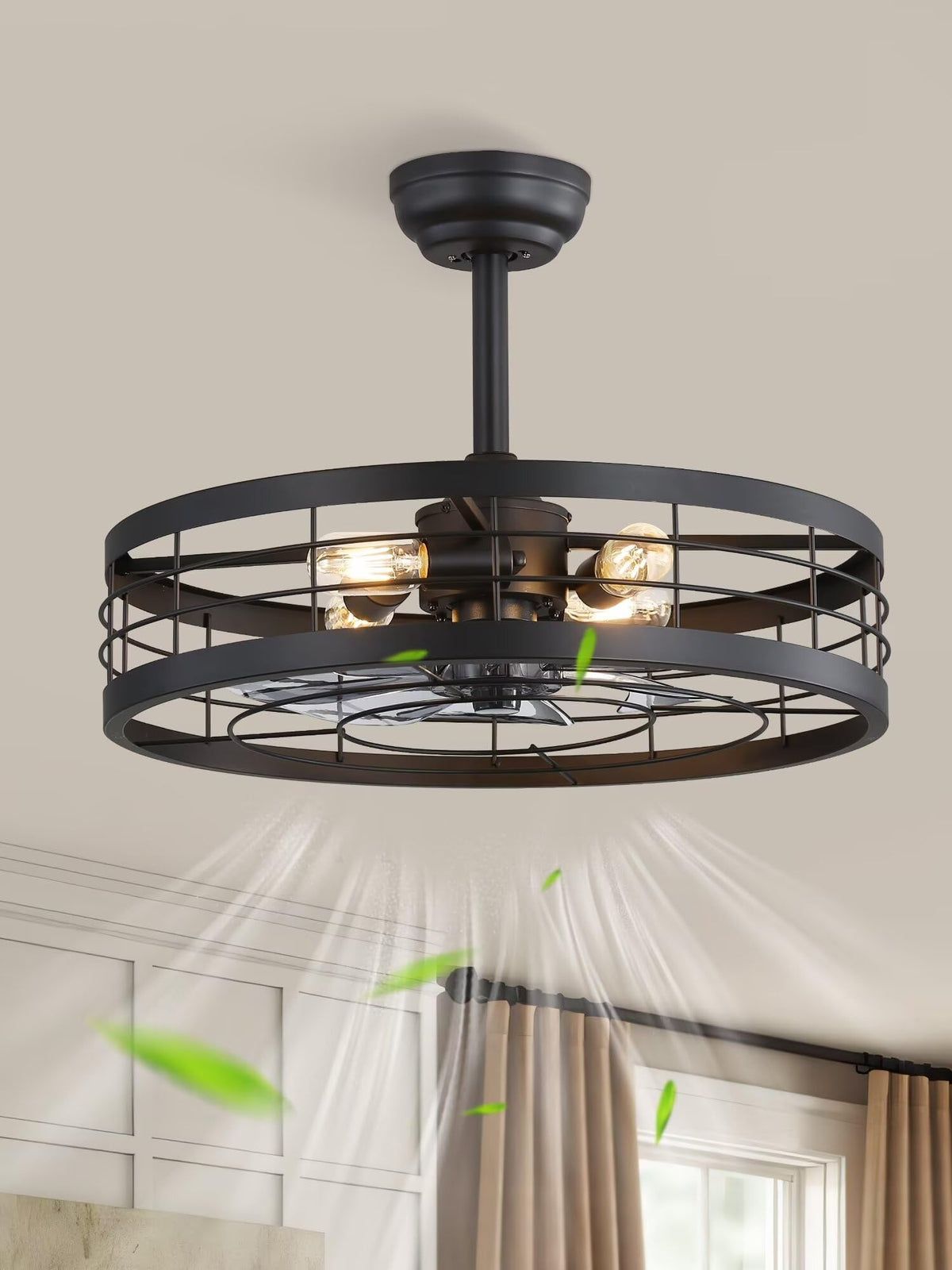 LEDIARY 20 inch Fandelier Caged Ceiling Fan with Light and Remote, Black | 6 Speed Adjustable,Timing, Quiet & Powerful DC, Small, Farmhouse, Industrial, Enclosed, Bladeless, Bedroom, Kitchen, Downrod