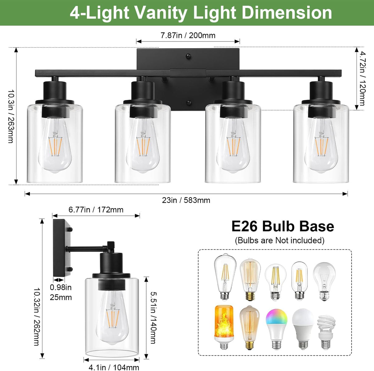Indoi 4-Light Bathroom Light Fixtures, Matte Black Modern Vanity Lights with Clear Glass Shades, Bathroom Wall Lamp for Mirror Living Room Cabinet Bedroom Porch