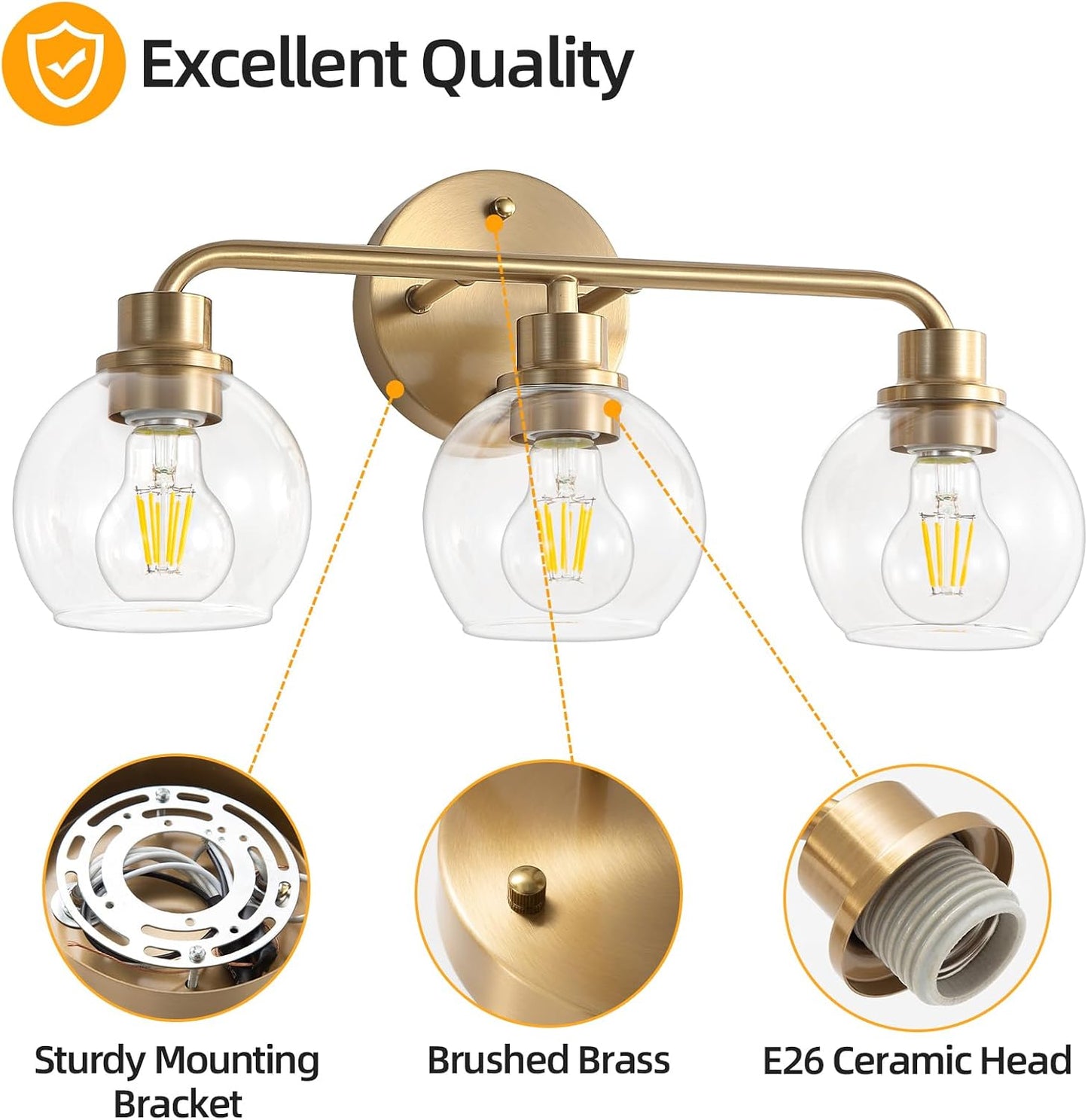 Bathroom Light Fixtures Gold Vanity Light 3 Light Brushed Brass | Wall Sconces Lighting with Clear Globe Glass Shades Bath Wall Lamp for Mirror Kitchen Living Room Bedroom Hallway